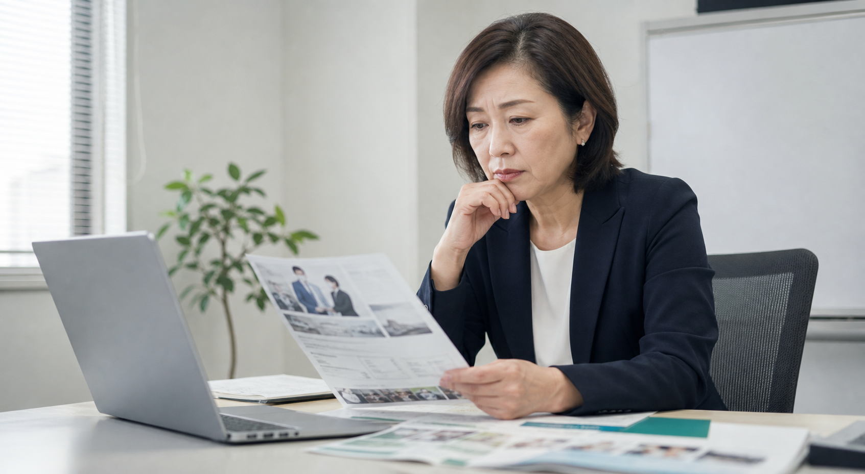 会社の魅力が伝わらず悩む50代の日本人女性ビジネスウーマン